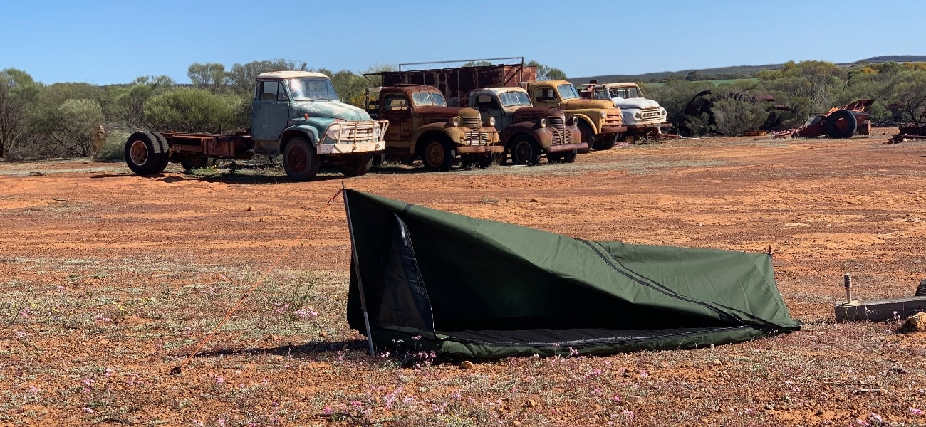 AOS Bushman Apex Deluxe Swag set up in Australian outback